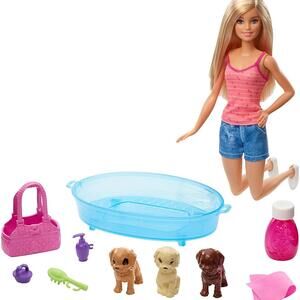 Barbie Doll Blonde and Playset with 3 Puppies and Accessories